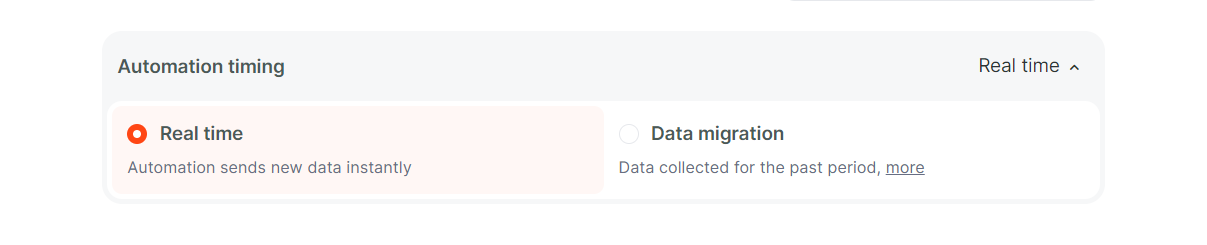 Automation timing table showing Real time vs Data migration modes
