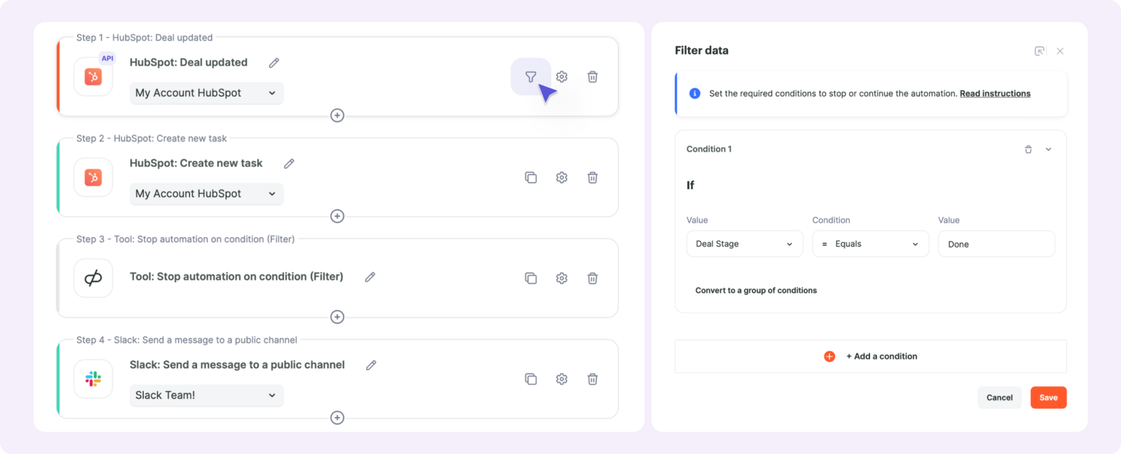 Trigger filtering configuration panel