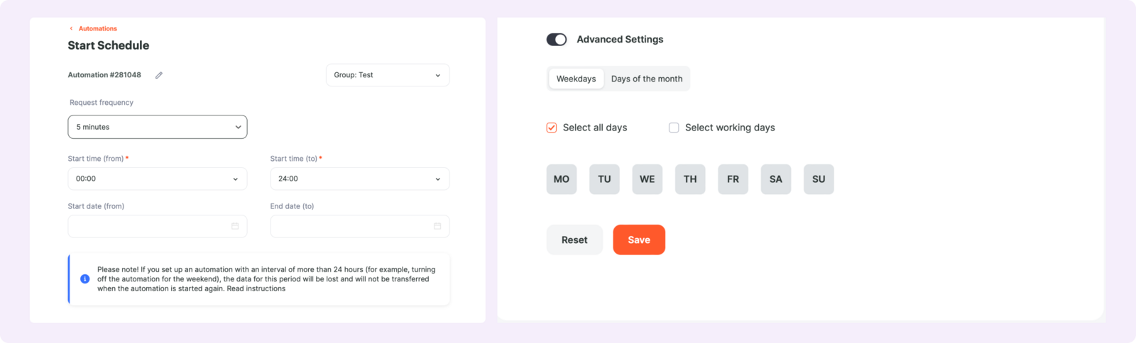 Schedule configuration with frequency options