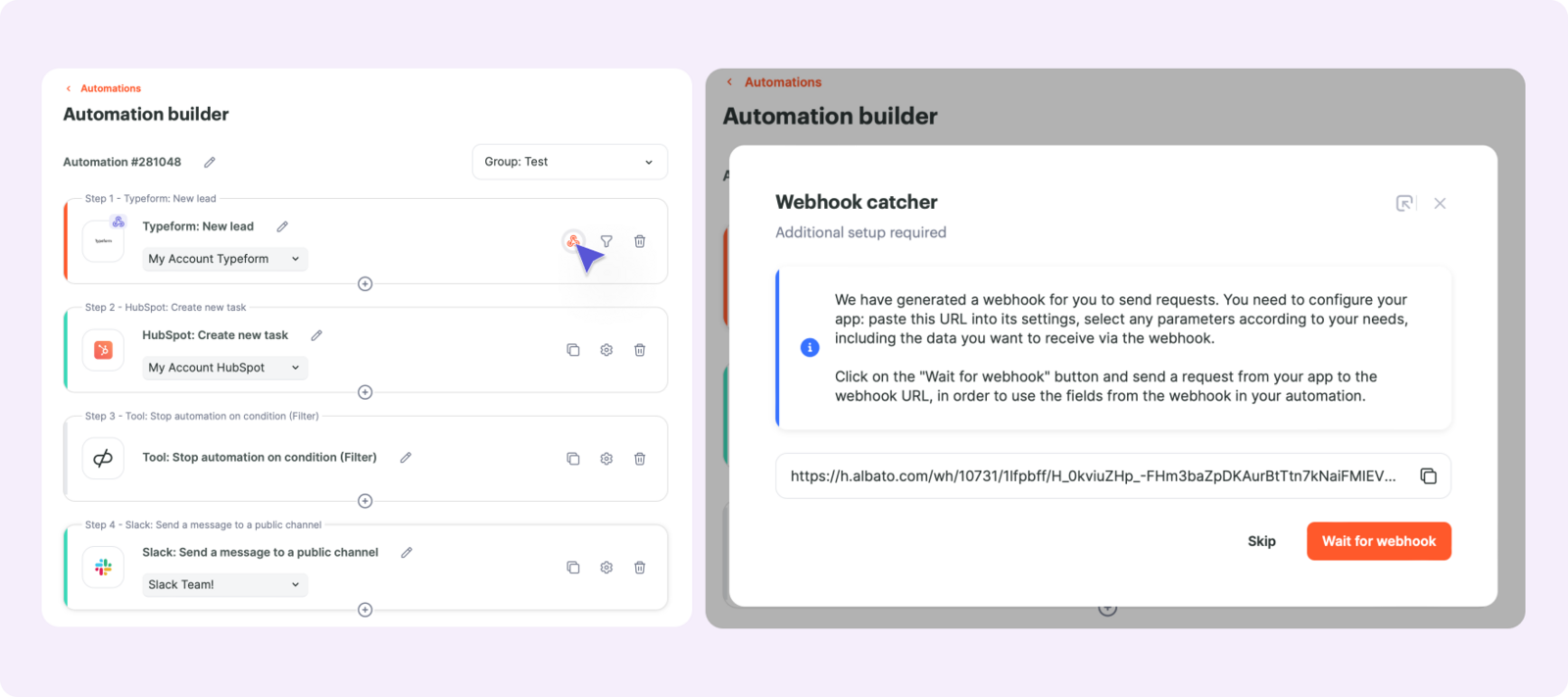 Webhook URL modal window for additional setup