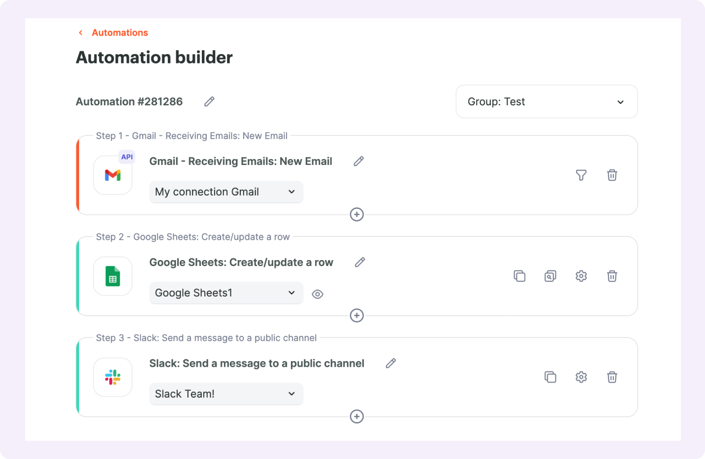 Automation setup with Gmail, Google Sheets, and Slack