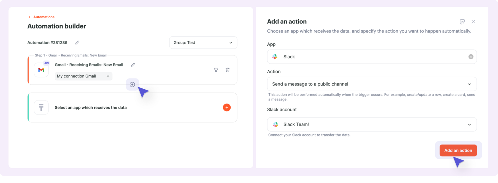 Action connection setup interface
